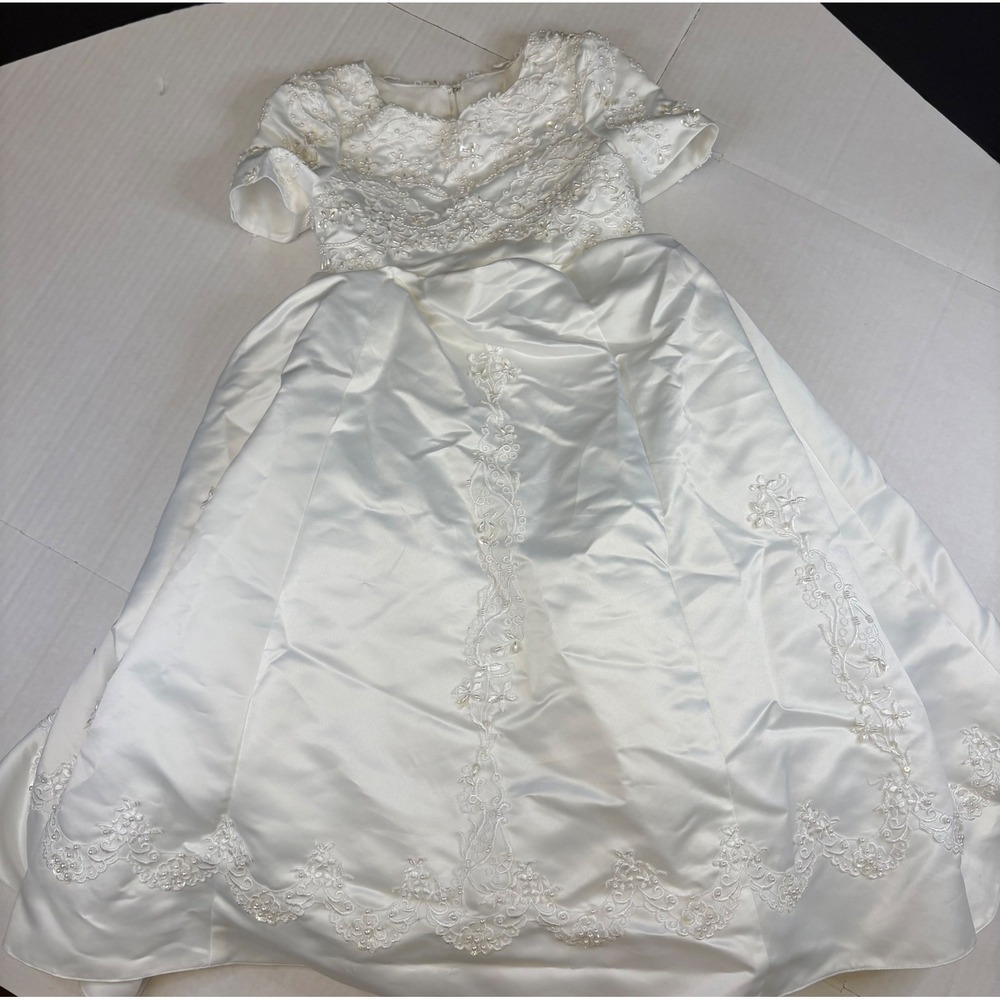 Vintage White Satin Beaded Sequin Girls Communion/Flower Girl Dress Sz 7/8